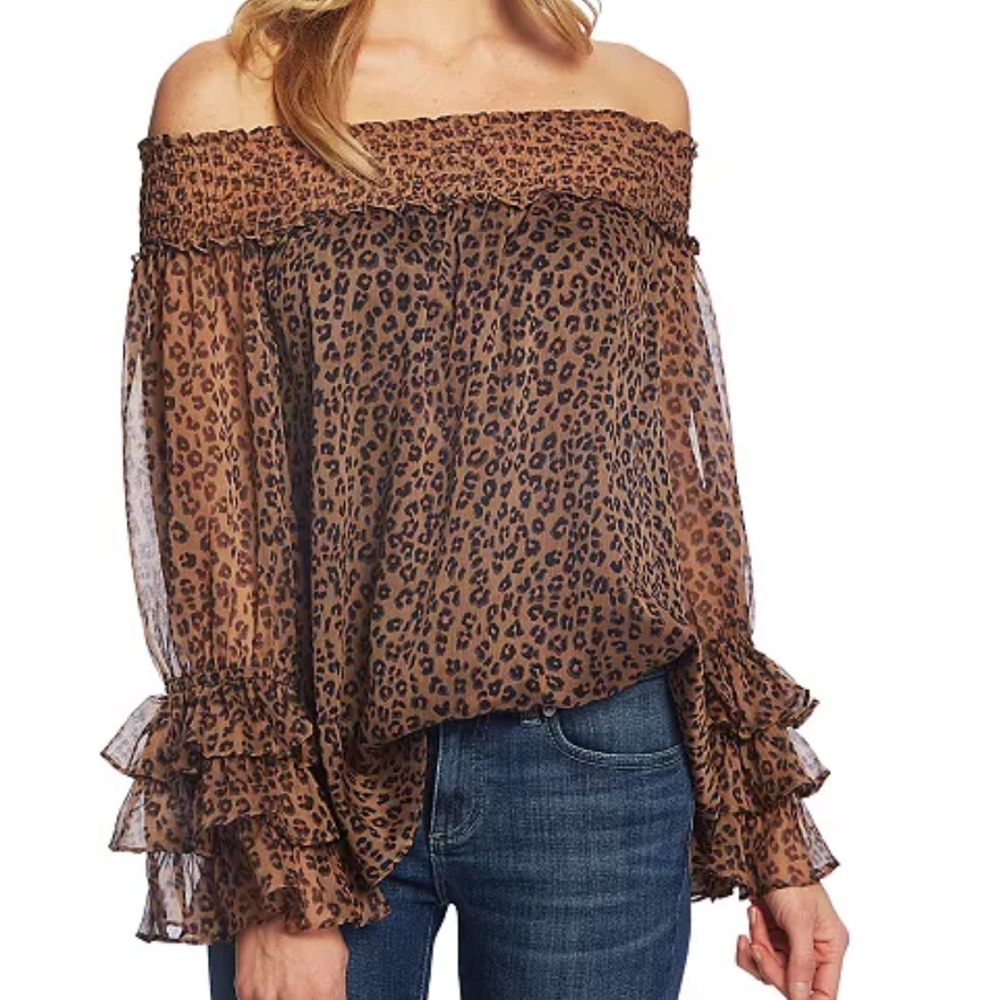 New CeCe Off The Shoulder Leopard Print Blouse Top Size Large